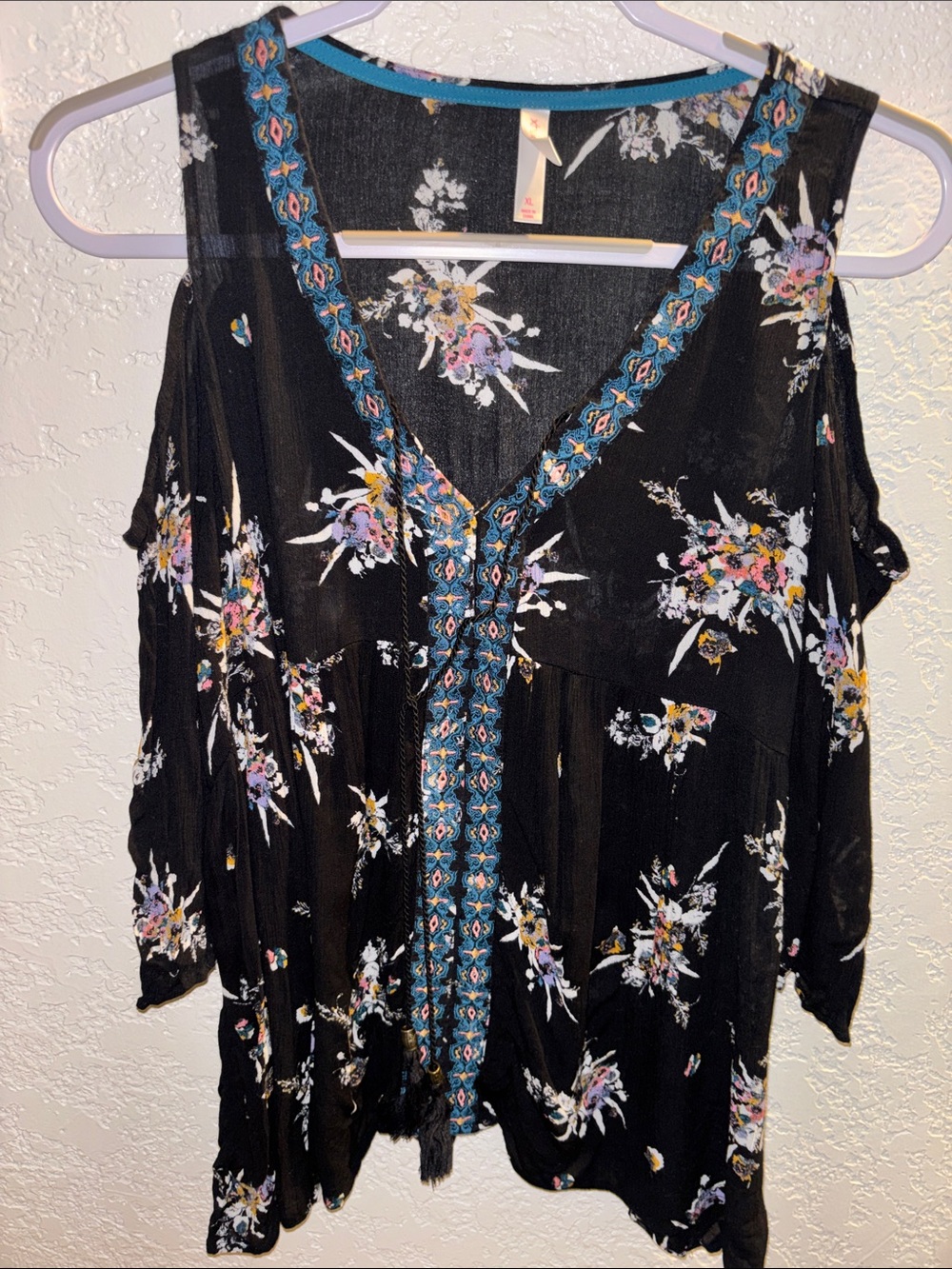 Xhilaration Black Floral Cold-Shoulder Blouse with Teal Embroidered Trim